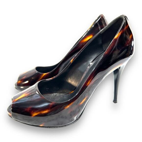 GIUSEPPE ZANOTTI Tortoise and Black Patent Peep Toe Heels SZ 7 - Picture 15 of 16